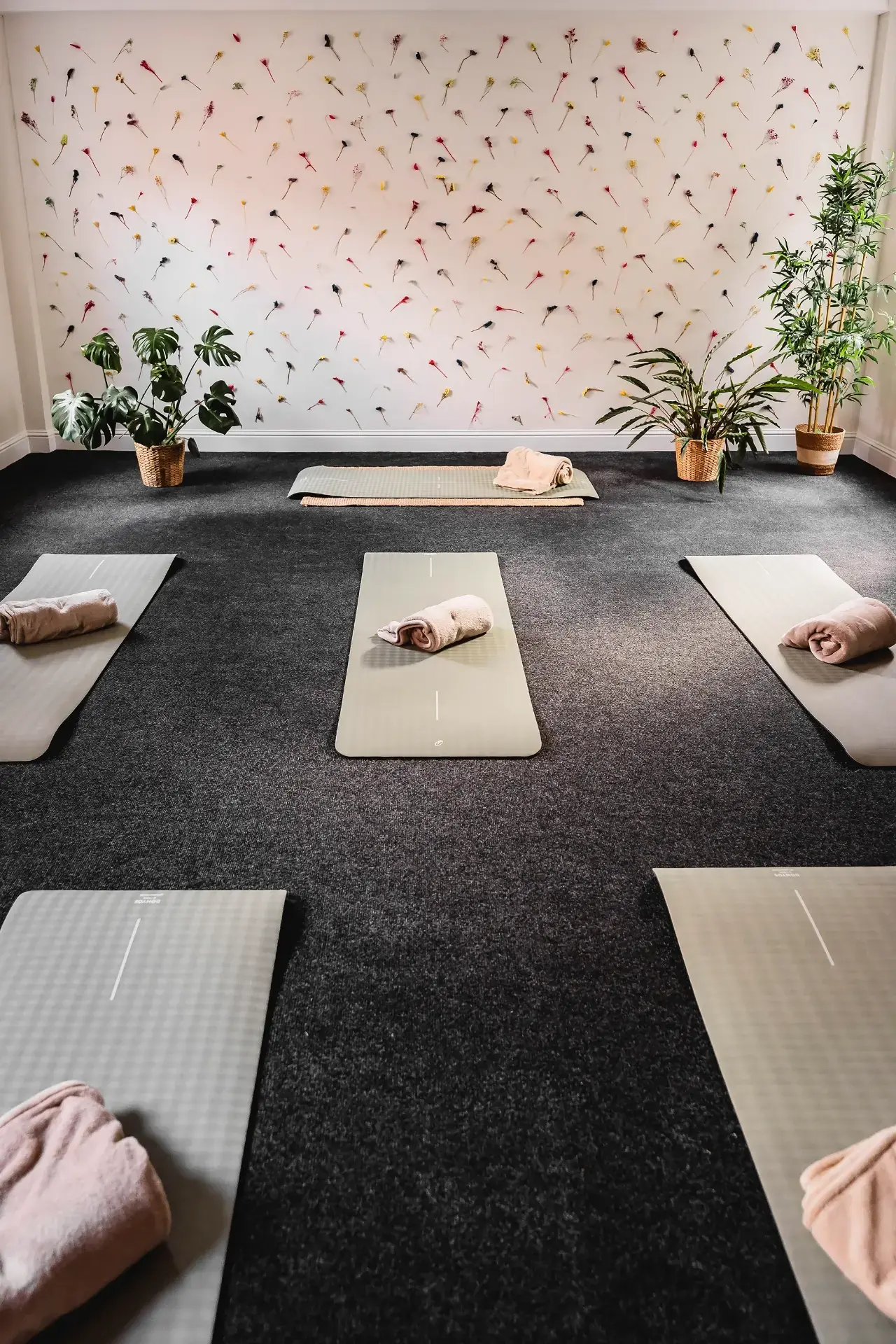 Yoga mats and rolled blankets on the floor of the Anú Room